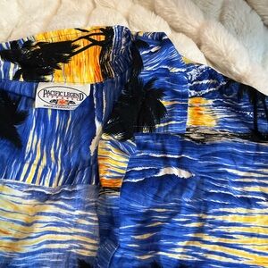 VTG Pacific Legend 90s Unisex L Dark Blue Yellow Sunset Hawaiian Beach Shirt
